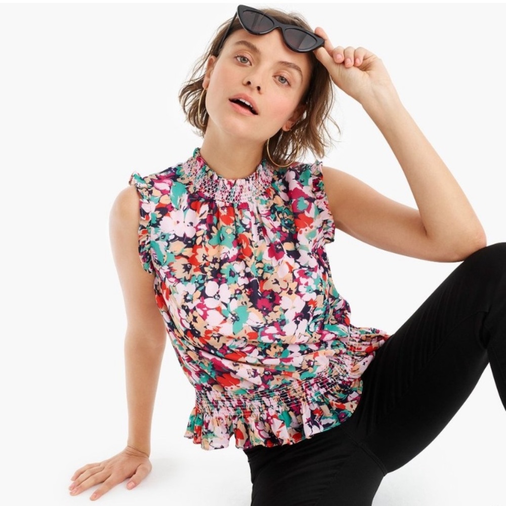 NEW J. Crew Multicolor Floral Mock Neck Smocked Ruffle Tank 0